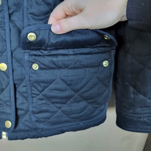 JCrew Black Quilted Barn Jacket Chore Coat Gold Hardware and Corduroy Collar - Picture 2 of 9